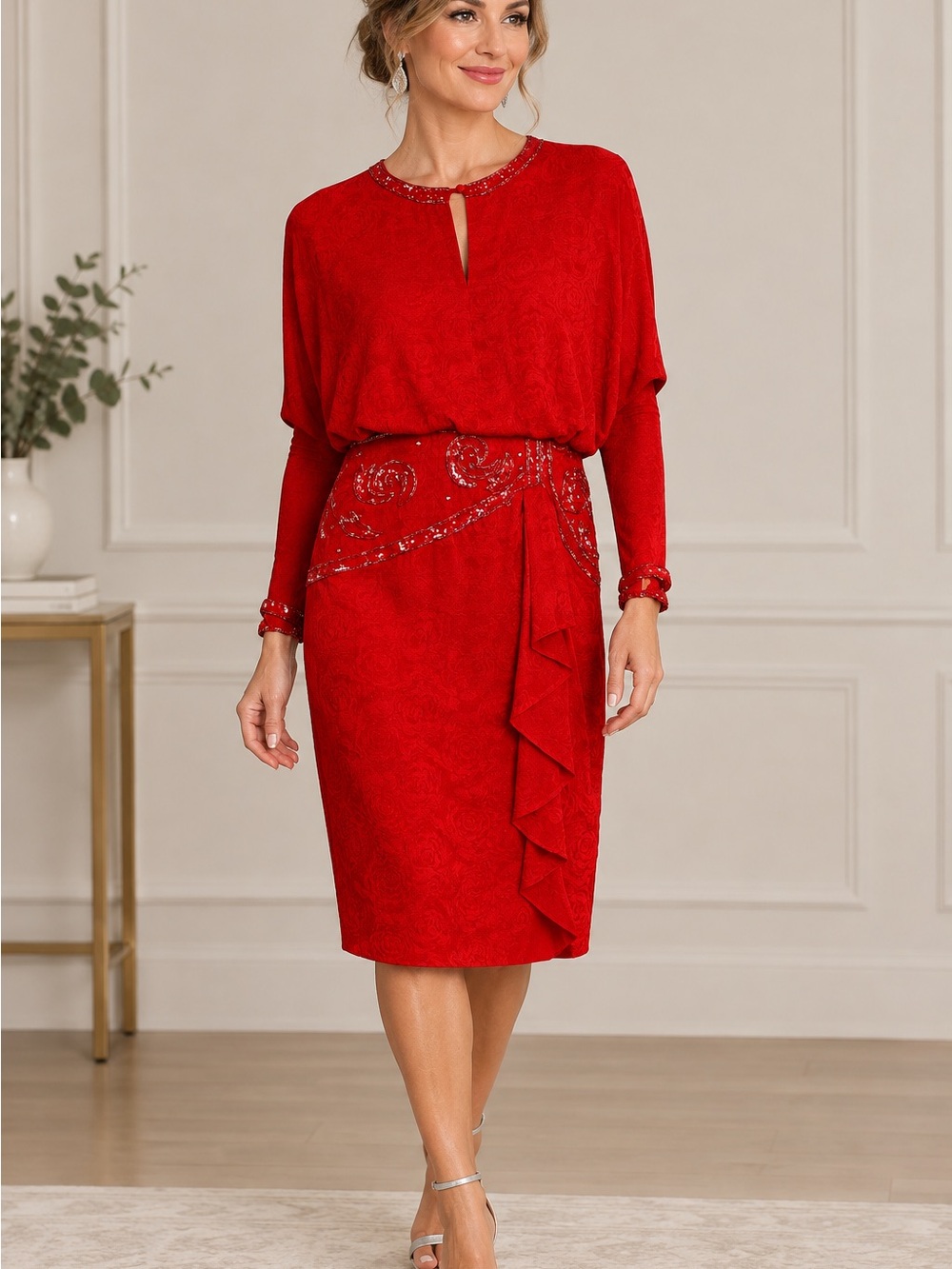 Michelle Stuart Scarlet Beaded Midi Dress